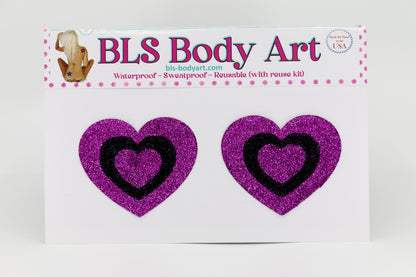 Product Image - Magenta/Black Heart Glitter Pasties in BLS Body Art packaging