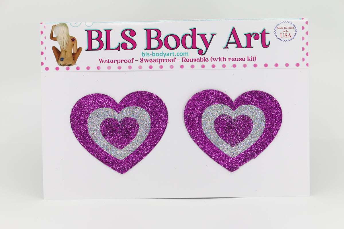 Product Image - Magenta/Silver Heart Glitter Pasties in BLS Body Art packaging