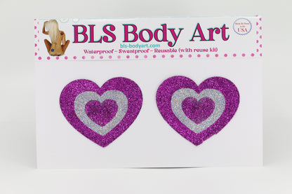 Product Image - Magenta/Silver Heart Glitter Pasties in BLS Body Art packaging