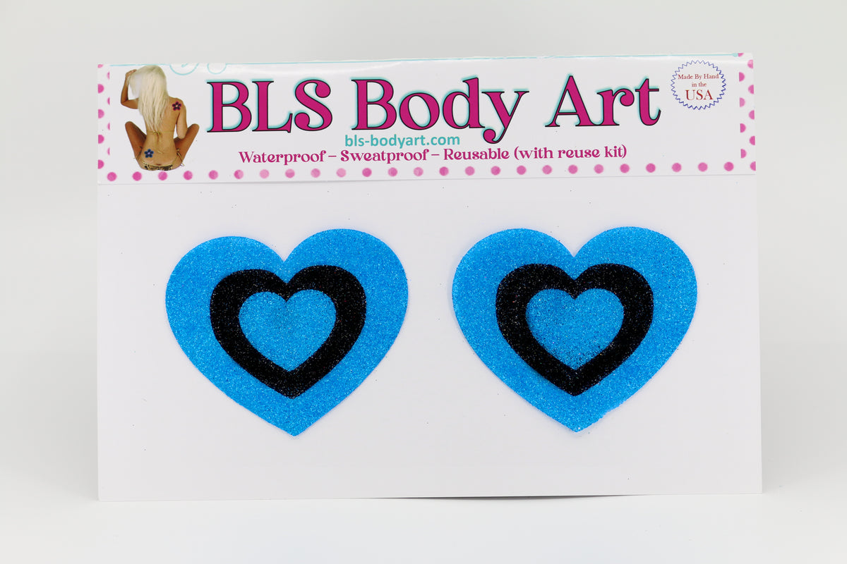 Product Image - Neon Blue/Black Heart Glitter Pasties in BLS Body Art packaging