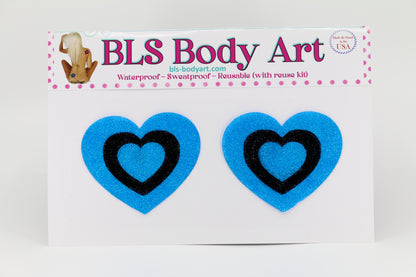Product Image - Neon Blue/Black Heart Glitter Pasties in BLS Body Art packaging