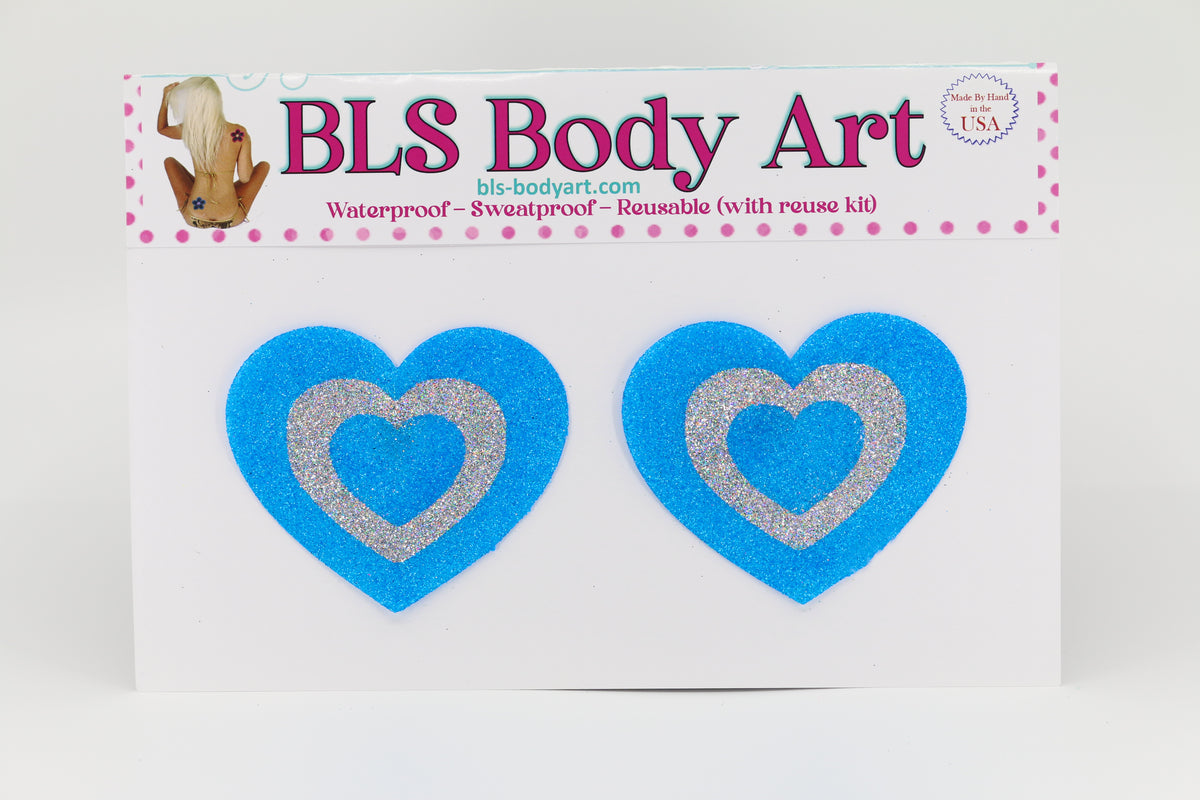 Product Image - Neon Blue/Silver Heart Glitter Pasties in BLS Body Art packaging