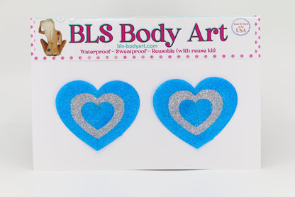 Product Image - Neon Blue/Silver Heart Glitter Pasties in BLS Body Art packaging