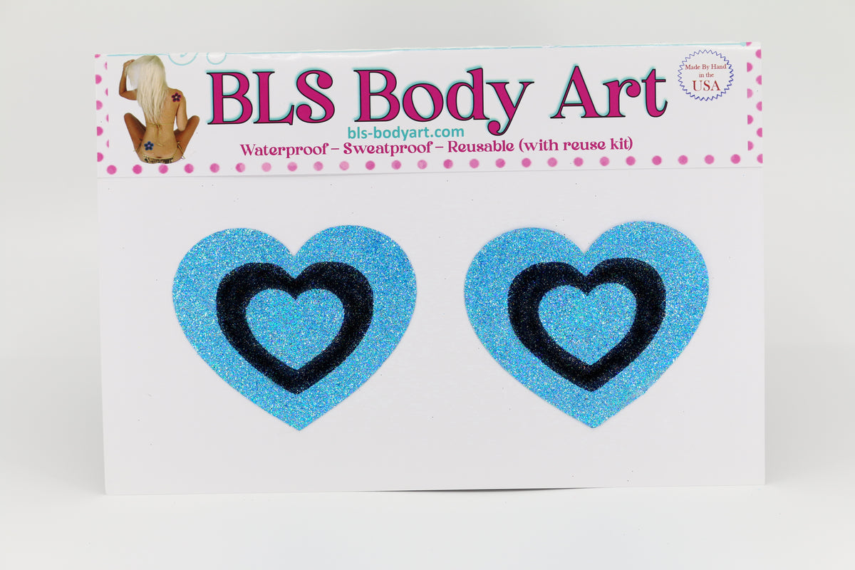 Product Image - Sky Blue/Black Heart Glitter Pasties in BLS Body Art packaging