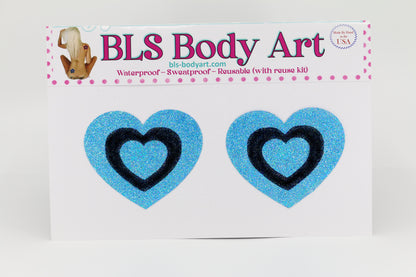 Product Image - Sky Blue/Black Heart Glitter Pasties in BLS Body Art packaging