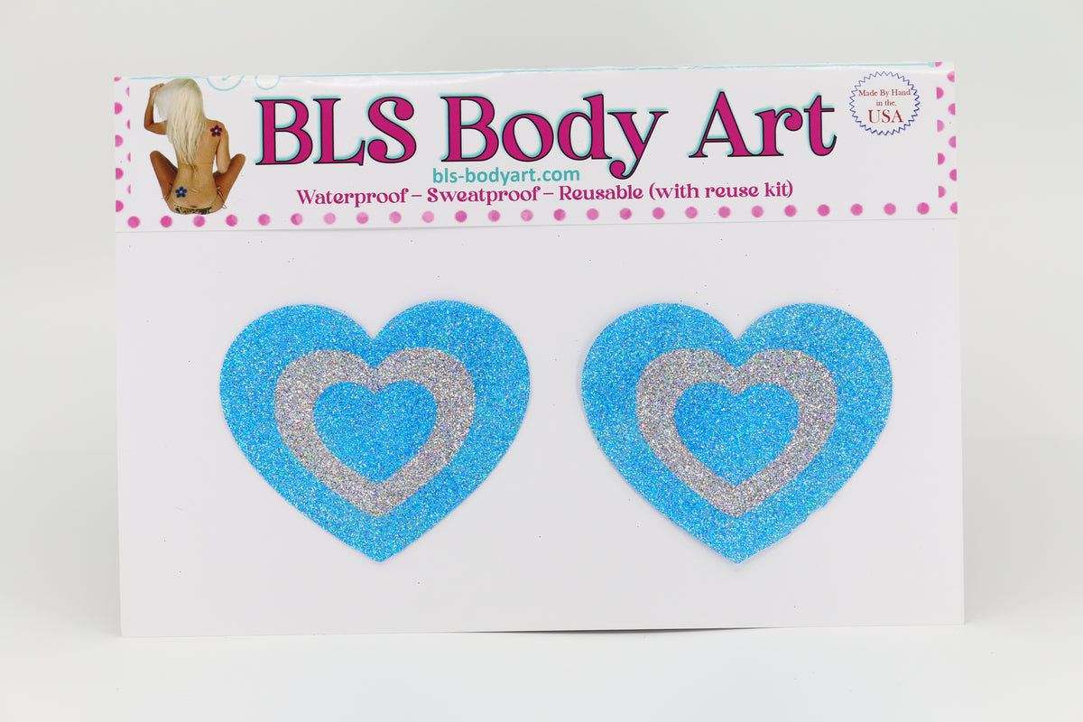 Product Image - Sky Blue/Silver Heart Glitter Pasties in BLS Body Art packaging
