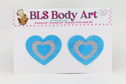 Product Image - Sky Blue/Silver Heart Glitter Pasties in BLS Body Art packaging