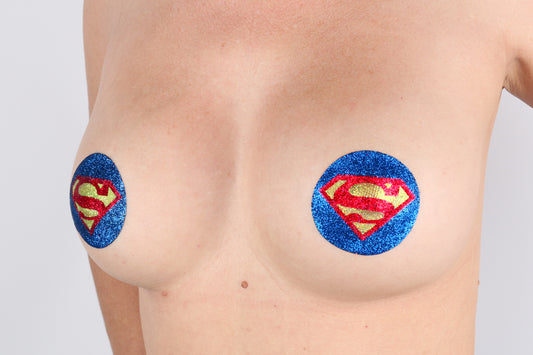 Model Image - Super Hero Glitter Pasties applied to female model
