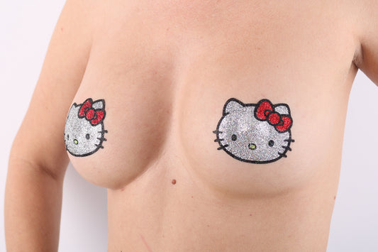 Model Image - Red Hiya Kitten Glitter Pasties applied to female model