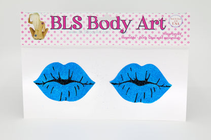 Product Image - Neon Blue Kiss Lips Glitter Pasties in BLS Body Art packaging