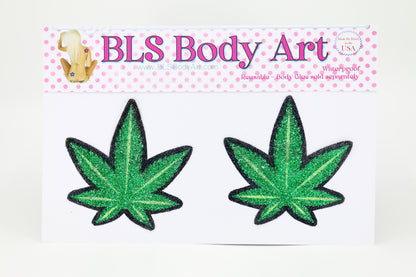 Product Image - Green Marijuana Glitter Pasties in BLS Body Art packaging