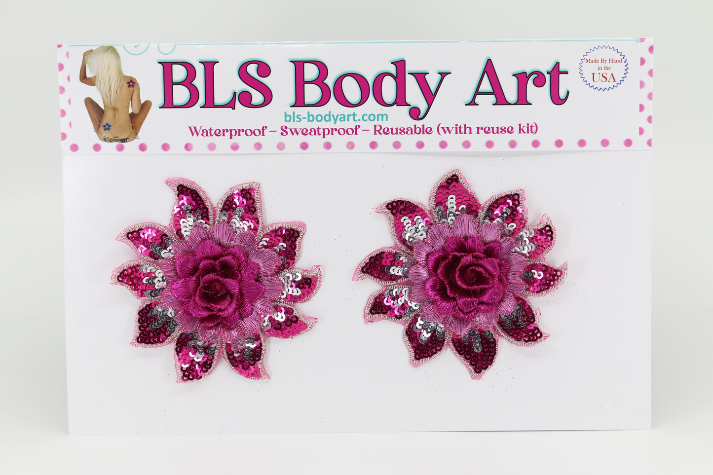 Product Image - Pink Daisy Embroidered Sequins Pasties in BLS Body Art packaging