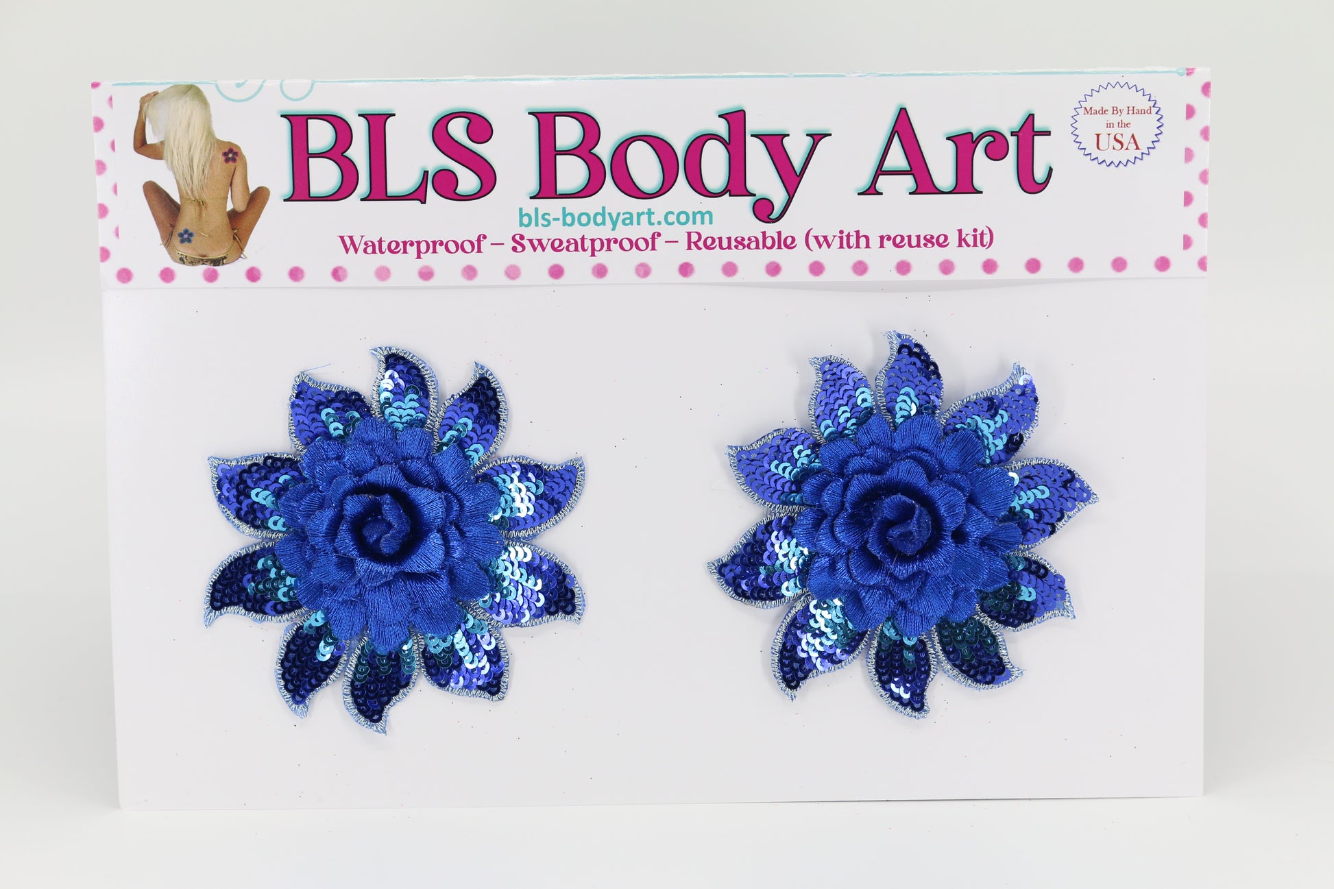 Product Image - Blue Daisy Embroidered Sequins Pasties in BLS Body Art packaging
