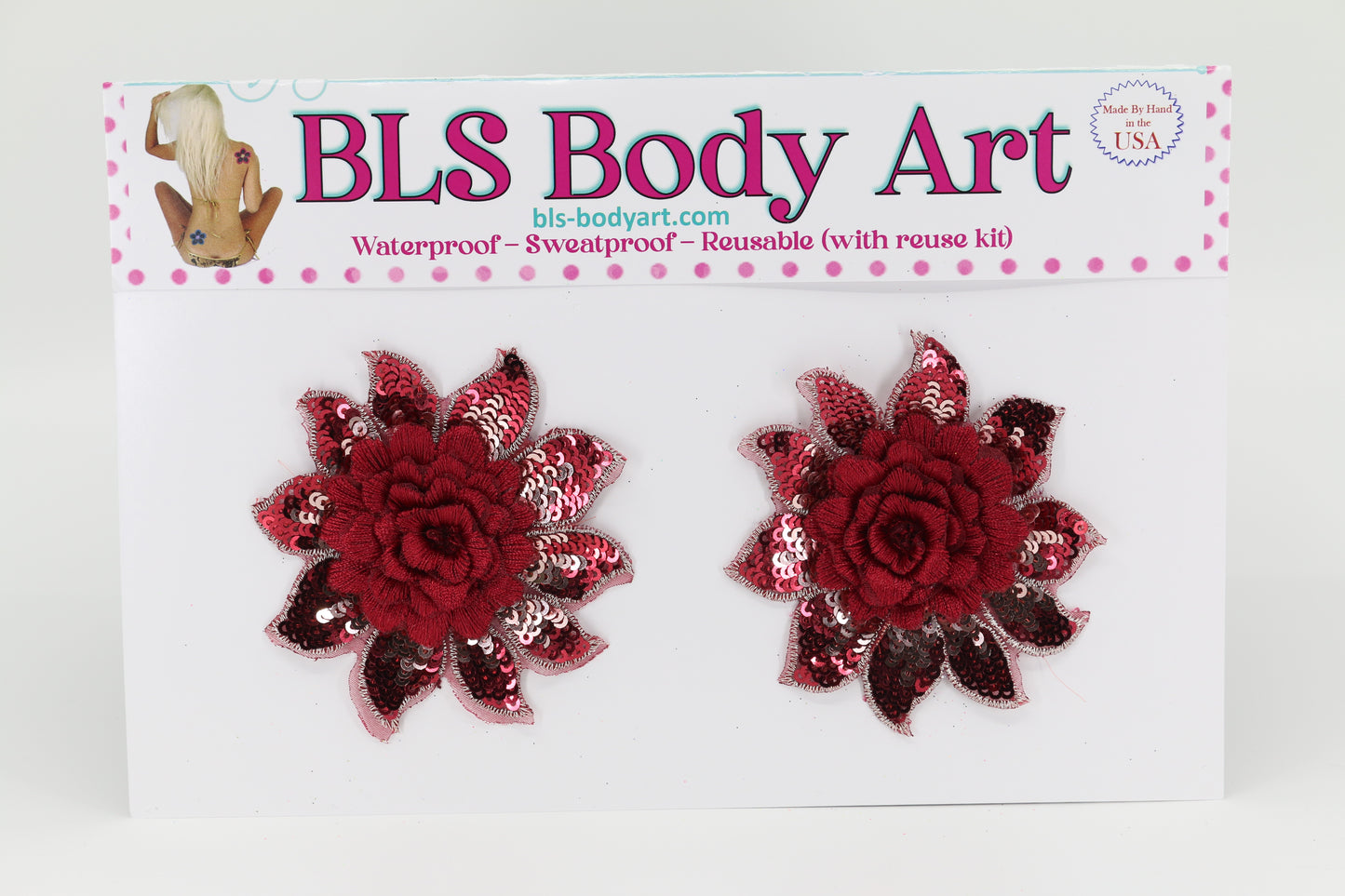 Product Image - Red Daisy Embroidered Sequins Pasties in BLS Body Art packaging