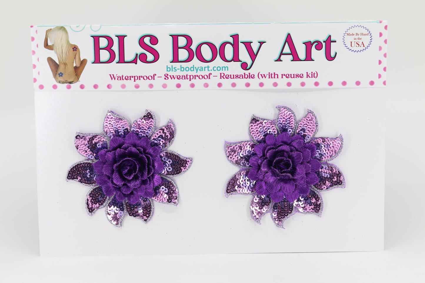 Product Image - Purple Daisy Embroidered Sequins Pasties in BLS Body Art packaging
