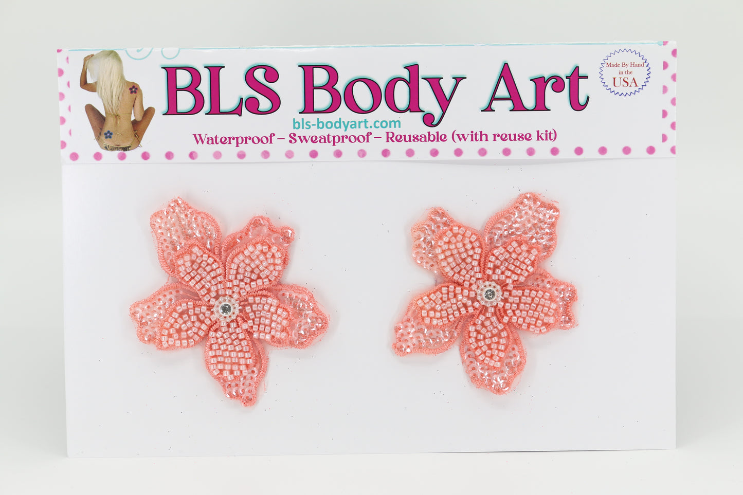 Product Image - Pink Tropical Flower Embroidered Pasties in BLS Body Art packaging