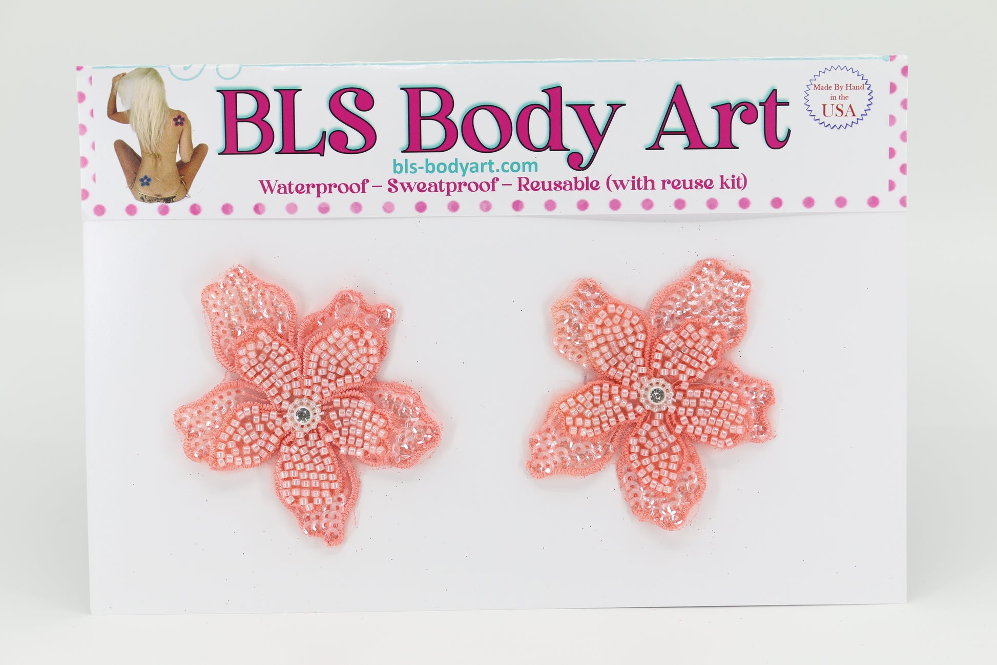 Product Image - Pink Tropical Flower Embroidered Pasties in BLS Body Art packaging
