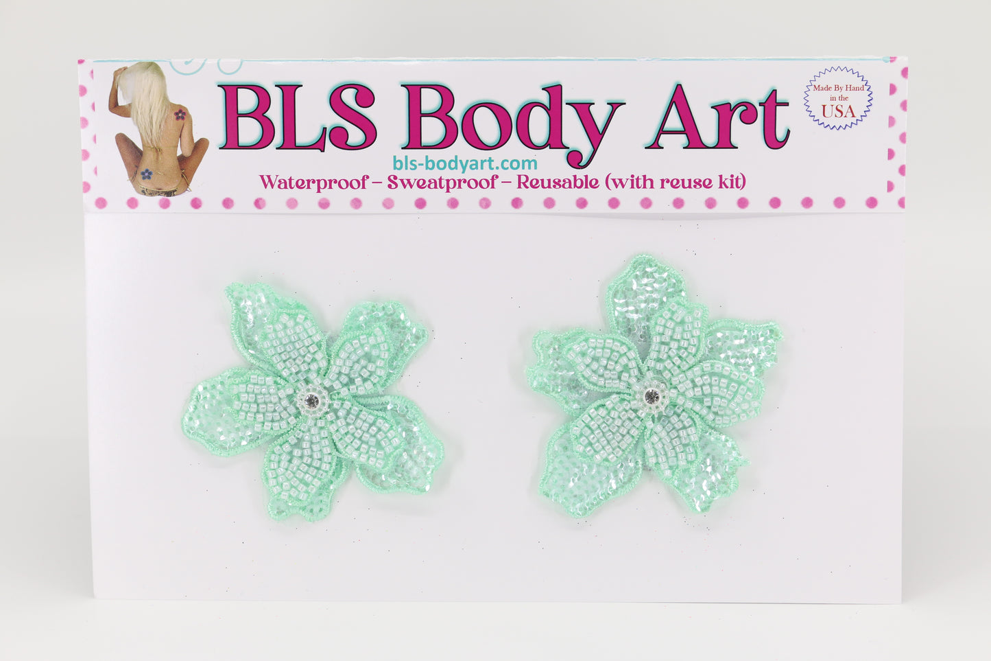 Product Image - Teal Tropical Flower Embroidered Pasties in BLS Body Art packaging