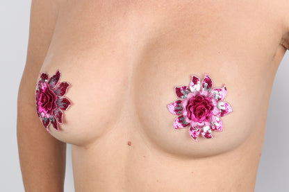 Model Image - Pink Daisy Embroidered Sequins Pasties applied to bust of female model