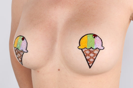 Model Image - Neon UV Ice Cream Snow Cone Glitter Pasties applied to female model