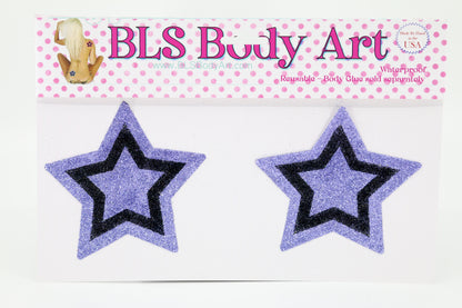 Product Image - Lavender/Black Star Glitter Pasties in BLS Body Art packaging