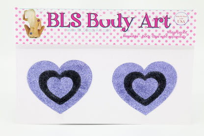 Product Image - Lavender/Black Heart Glitter Pasties in BLS Body Art packaging