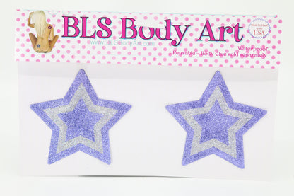 Product Image - Lavender/Silver Star Glitter Pasties in BLS Body Art packaging