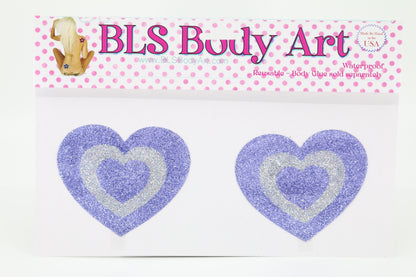 Product Image - Lavender/Silver Heart Glitter Pasties in BLS Body Art packaging