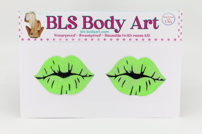 Product Image - Neon Green Kiss Lips Glitter Pasties in BLS Body Art packaging