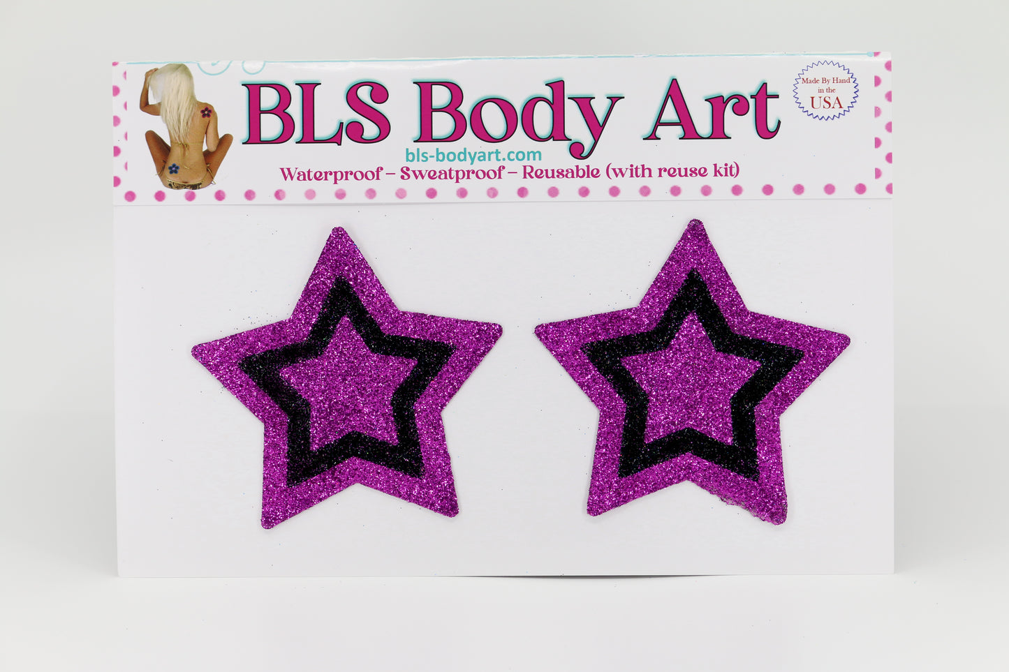 Product Image - Magenta/Black Star Glitter Pasties in BLS Body Art packaging