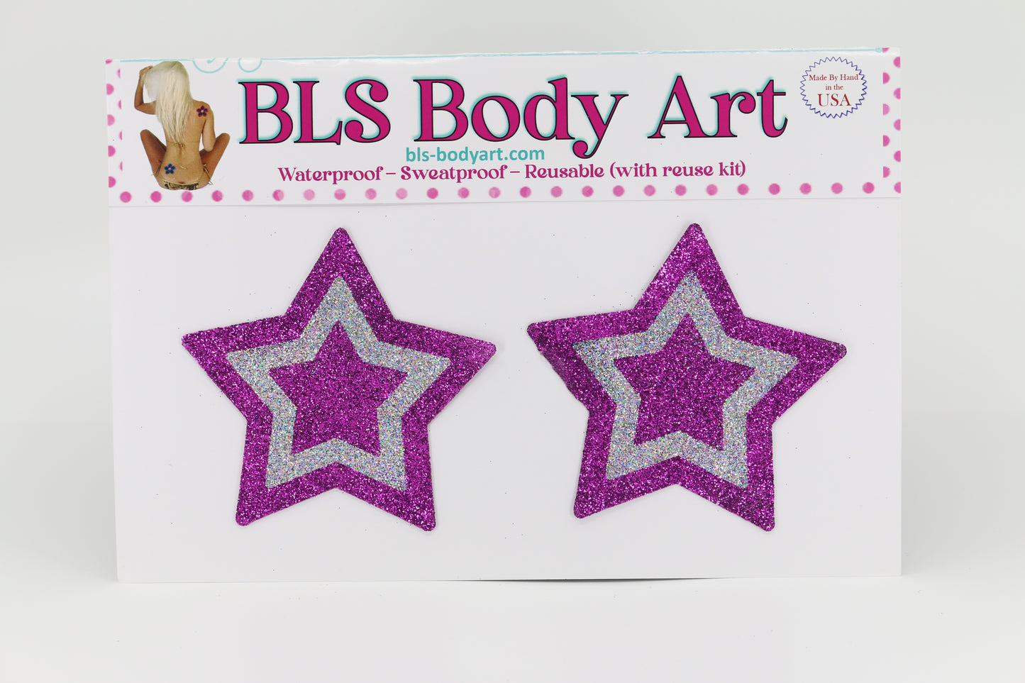 Product Image - Magenta/Silver Star Glitter Pasties in BLS Body Art packaging