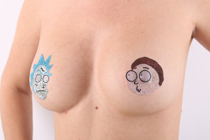 Model Image - Mort and Ricky Glitter Pasties applied to female model