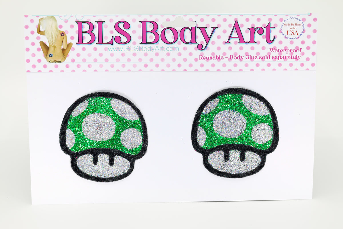 Product Image - Green Mushroom 1 Up Glitter Pasties in BLS Body Art packaging