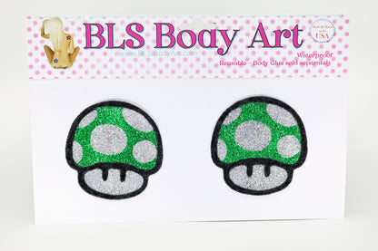 Product Image - Green Mushroom 1 Up Glitter Pasties in BLS Body Art packaging