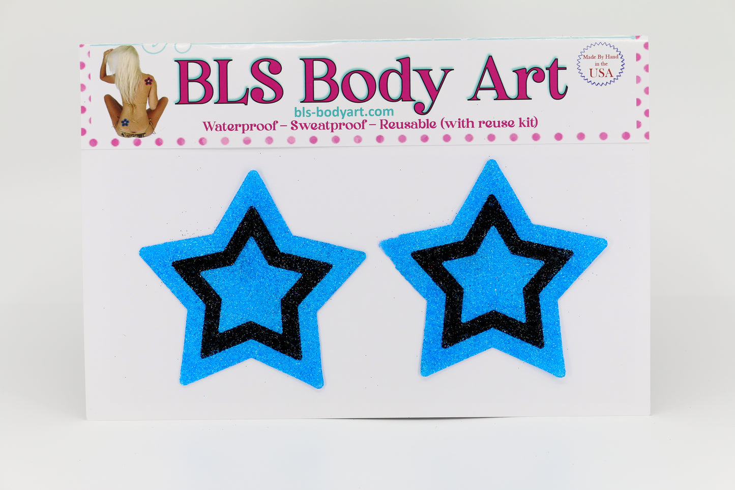 Product Image - Neon Blue/Black Star Glitter Pasties in BLS Body Art packaging