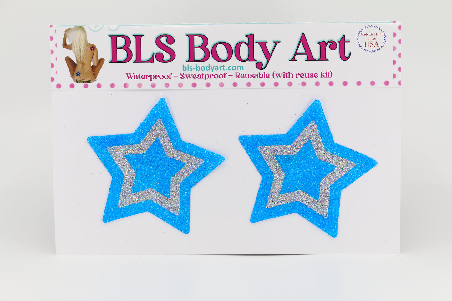 Product Image - Neon Blue/Silver Star Glitter Pasties in BLS Body Art packaging