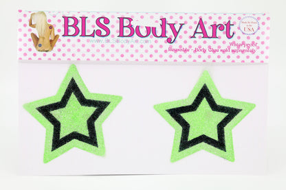 Product Image - Neon Green/Black Star Glitter Pasties in BLS Body Art packaging