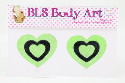 Product Image - Neon Green/Black Heart Glitter Pasties in BLS Body Art packaging