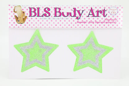 Product Image - Neon Green/Silver Star Glitter Pasties in BLS Body Art packaging