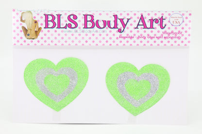 Product Image - Neon Green/Silver Heart Glitter Pasties in BLS Body Art packaging