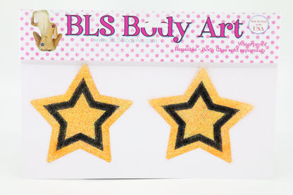 Product Image - Neon Orange/Black Star Glitter Pasties in BLS Body Art packaging