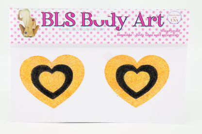 Product Image - Neon Orange/Black Heart Glitter Pasties in BLS Body Art packaging