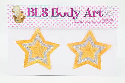Product Image - Neon Orange/Silver Star Glitter Pasties in BLS Body Art packaging