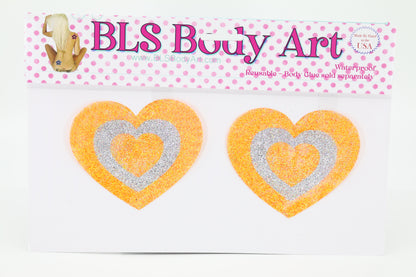 Product Image - Neon Orange/Silver Heart Glitter Pasties in BLS Body Art packaging