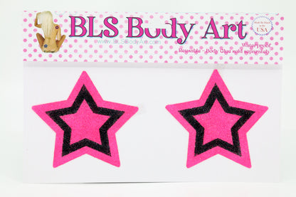 Product Image - Neon Pink/Black Star Glitter Pasties in BLS Body Art packaging