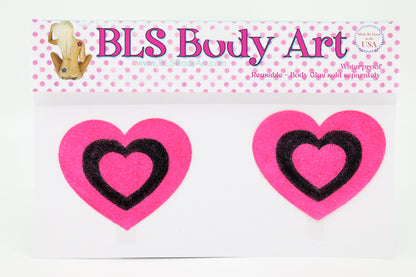 Product Image - Neon Pink/Black Heart Glitter Pasties in BLS Body Art packaging