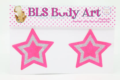 Product Image - Neon Pink/Silver Star Glitter Pasties in BLS Body Art packaging