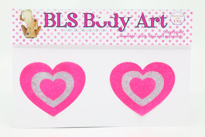 Product Image - Neon Pink/Silver Heart Glitter Pasties in BLS Body Art packaging