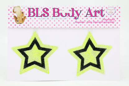 Product Image - Neon Yellow/Black Star Glitter Pasties in BLS Body Art packaging