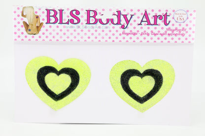 Product Image - Neon Yellow/Black Heart Glitter Pasties in BLS Body Art packaging